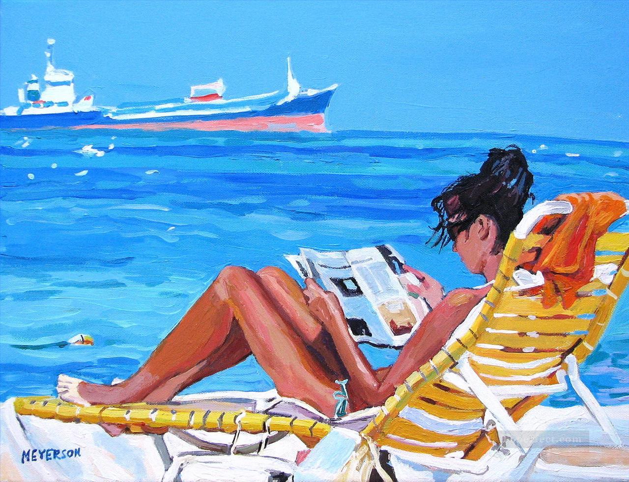 ビーチで本を読んでいる女の子油絵